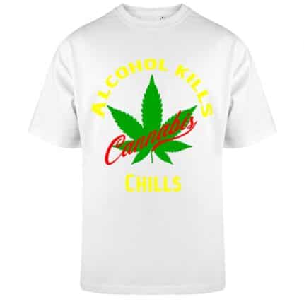 Мъжка Бяла Овърсайз Тениска Alcohol Kills Cannabis Chills