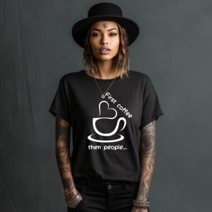 Дамска тениска First Coffee в бял и черен цвят.