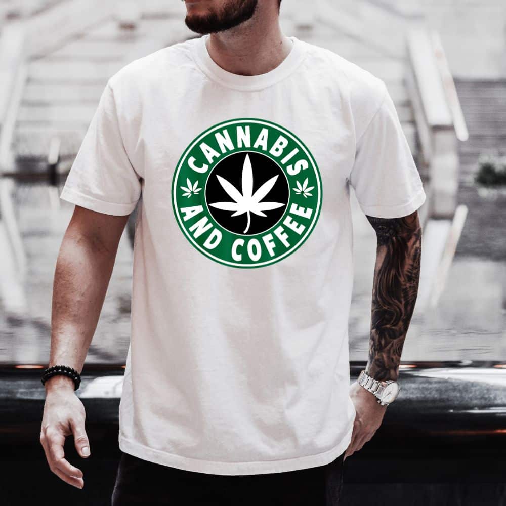 Мъжка бяла тениска Cannabis And Coffee Мъжка бяла тениска Cannabis And Coffee